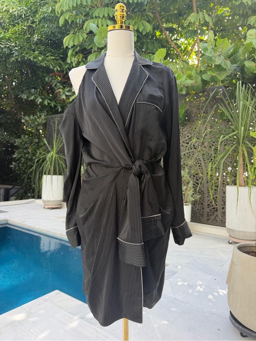 Alexander Wang Black Pinstripe One-Shoulder Wrap Dress